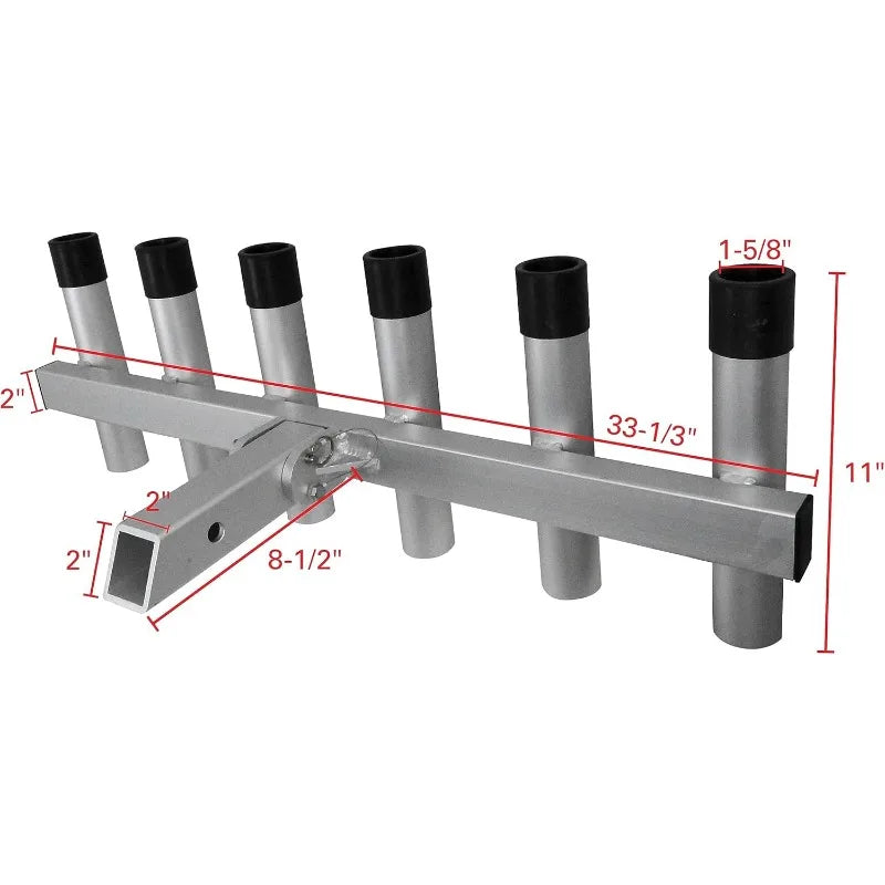Extreme Max Aluminum Pivoting Fishing Rod Holder for 2 Inch Hitch Receivers 6 Rod Capacity Grey
