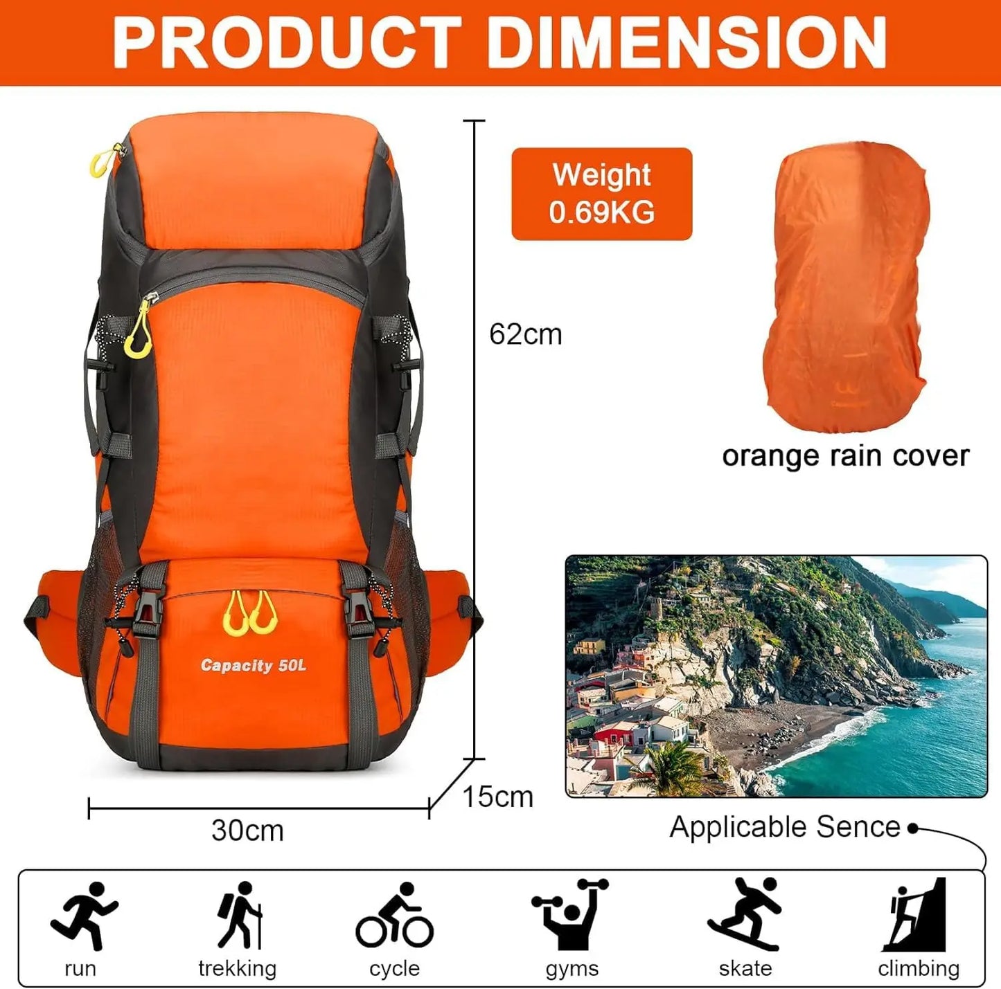 Hiking Backpack Waterproof 50L Lightweight Travel Backpack with Rain Cover for Camping Trekking and Outdoor Sports