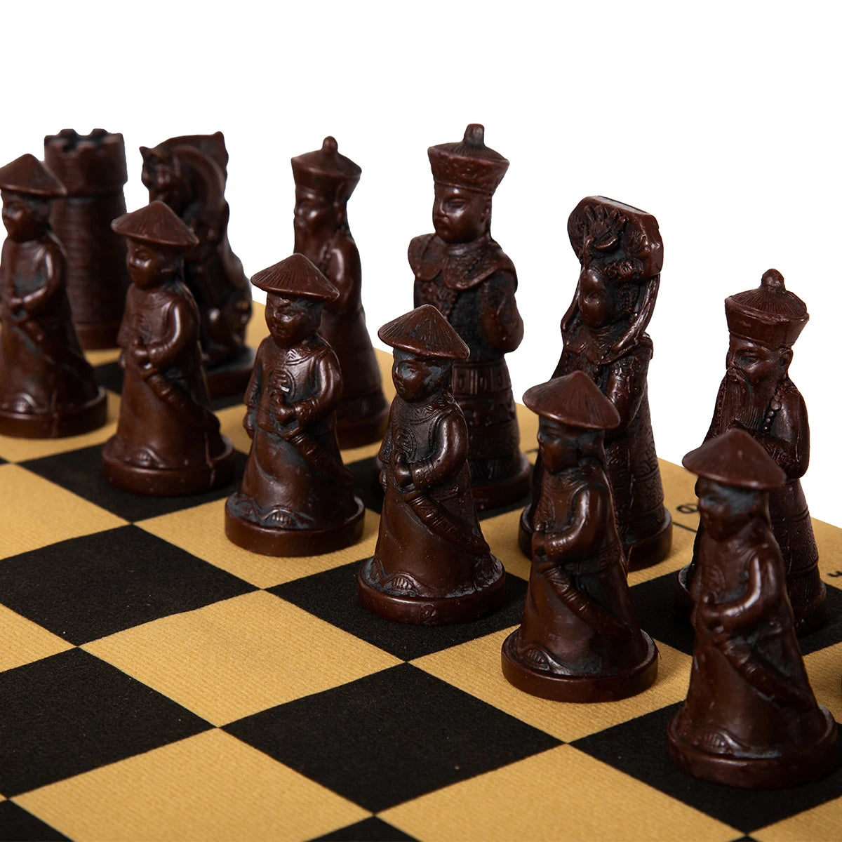 New Big Vintage 3D Qing Army Chess Set with Leather Chessboard and Gypsum Resin Game Pieces Box 40x19cm