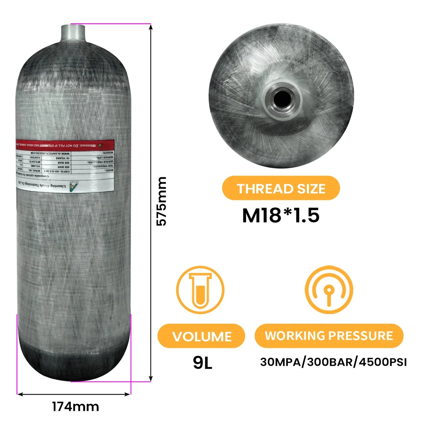 TUXING 4500PSI 300Bar 9L Carbon Fiber Diving Cylinder High Pressure Large Capacity Swimmer Equipment