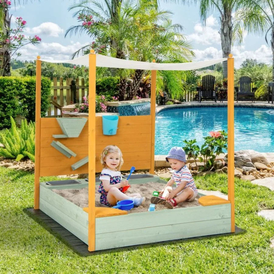 Sandbox with Sand Wall and Removable Canopy for Ages 3 and Up