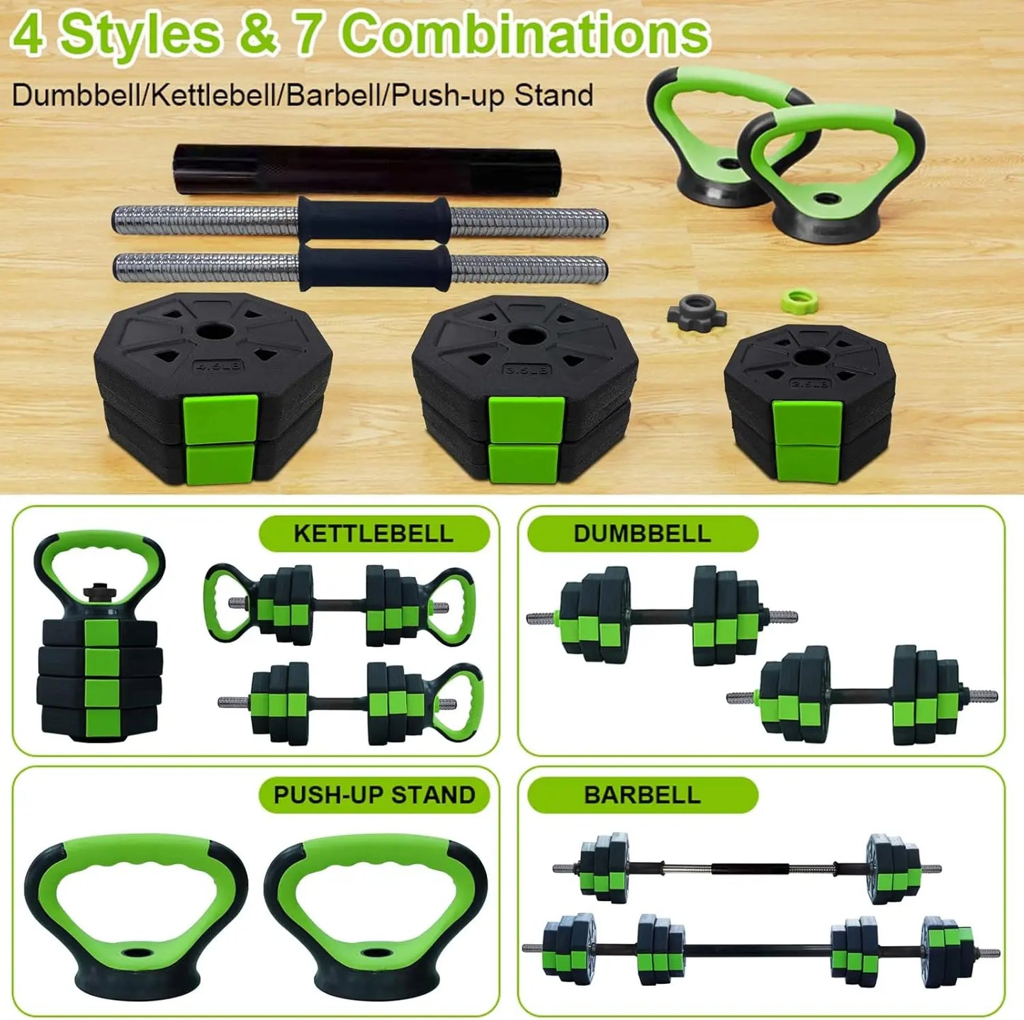 4 In 1 Adjustable Dumbbell Set 44lbs Weight Set with Iron Handle Kettlebell Barbell and Push Up Stand for Home Gym Octagon