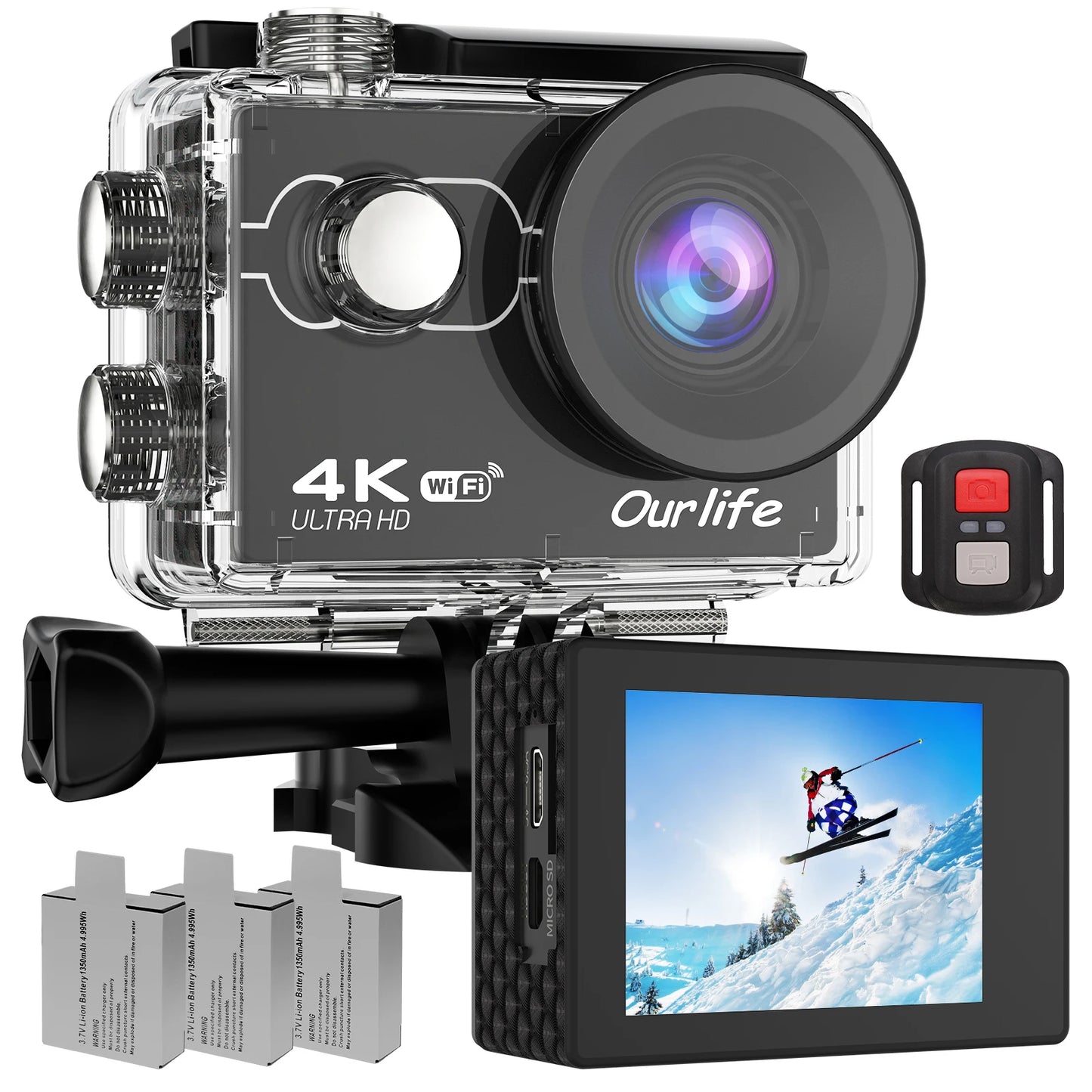 4K Action Camera Ultra HD WiFi 2 Inch Screen 30M Waterproof Sports Video Camera with 3 Batteries