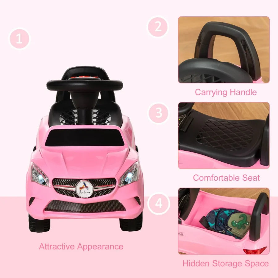Aosom Ride On Push Car Floor Walking Sliding Toy Car for Toddler with Working Horn Music Lights and Storage in Pink